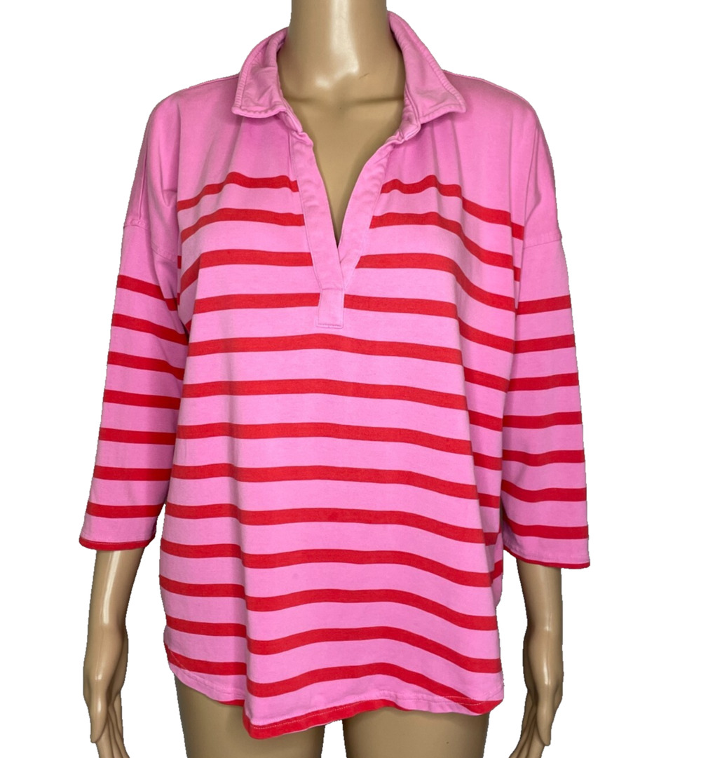 Women's Medium Vineyard Vines Notch Collar Pink Stripe Cotton Blend Polo Shirt